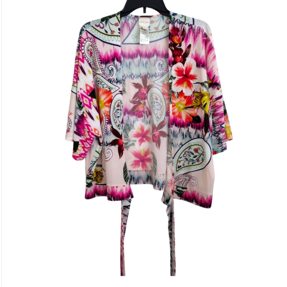 Chico's bright multicolor floral paisley multi pattern wrap top size 3 (L-XL)